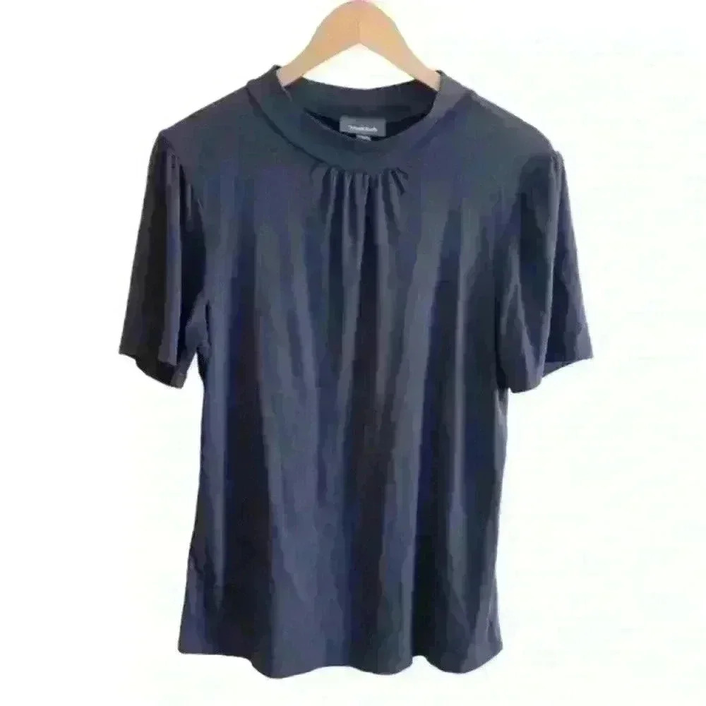 ModCloth Navy Blue Ribbed Mock Neck Short Sleeve Top Size Large